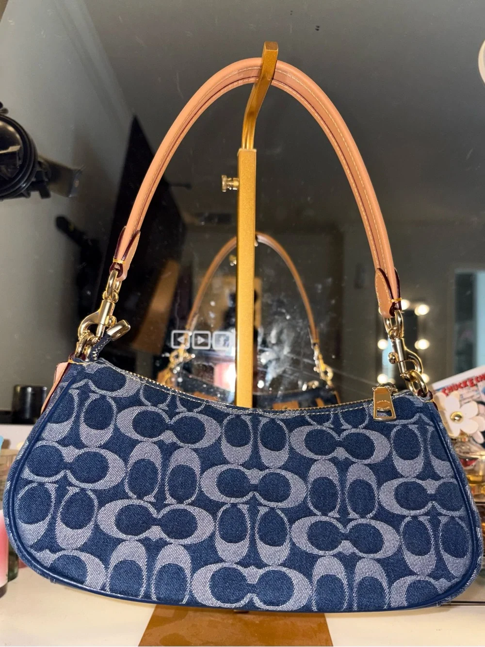 Blue Logo-Print Shoulder Bag with Tan Trim